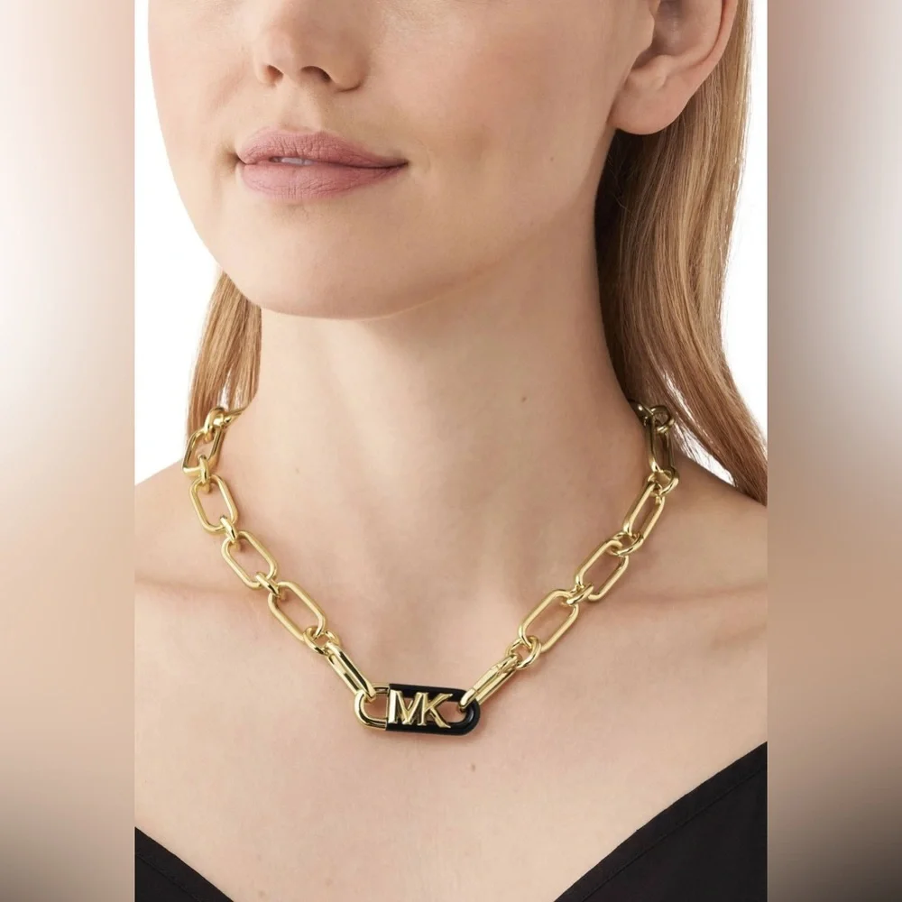 NWT Michael Kors 14K Gold-Plated Black Empire Link Chain Necklace - Picture 2 of 4